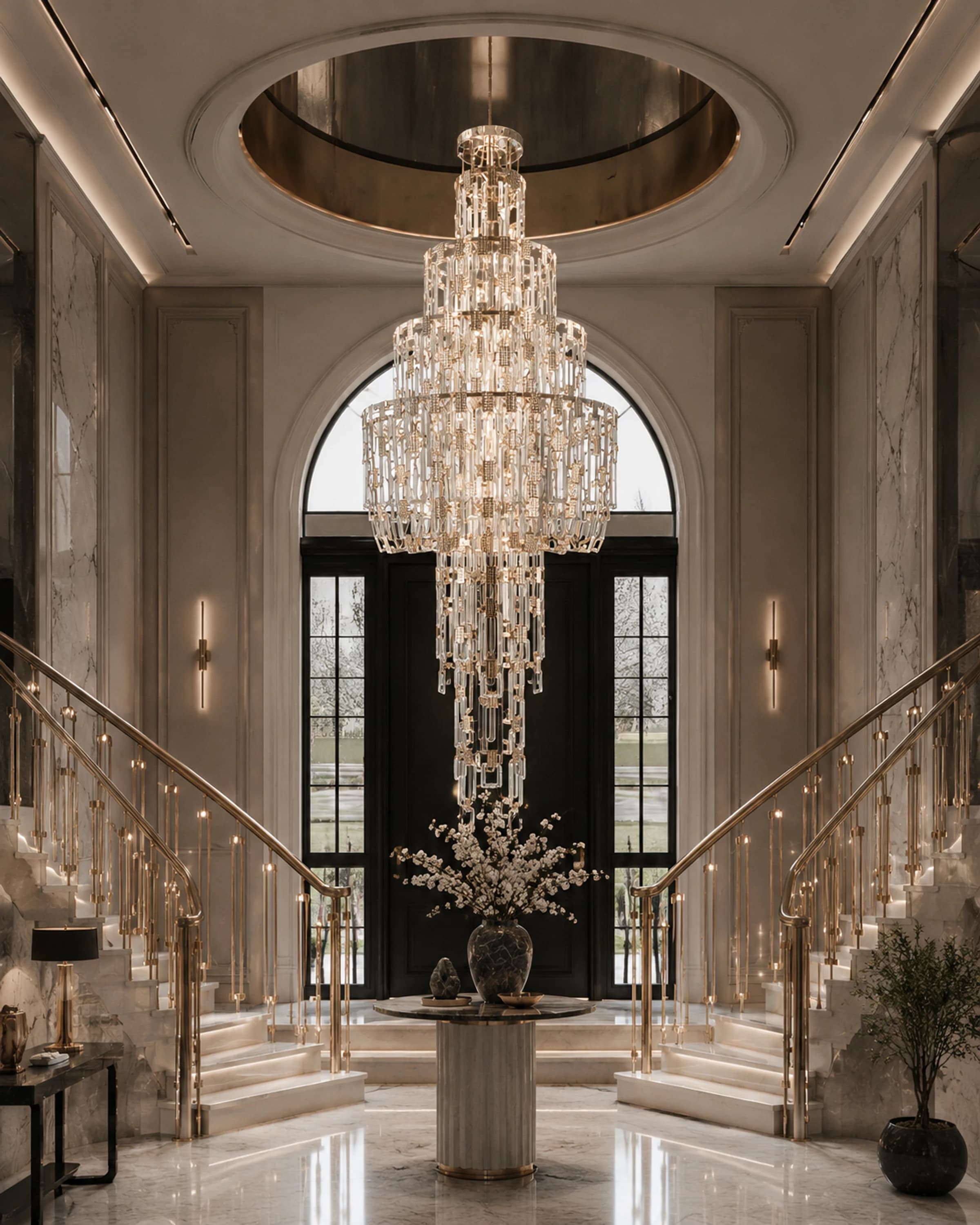 Double-height entrance hall with a crystal chandelier between twin staircases