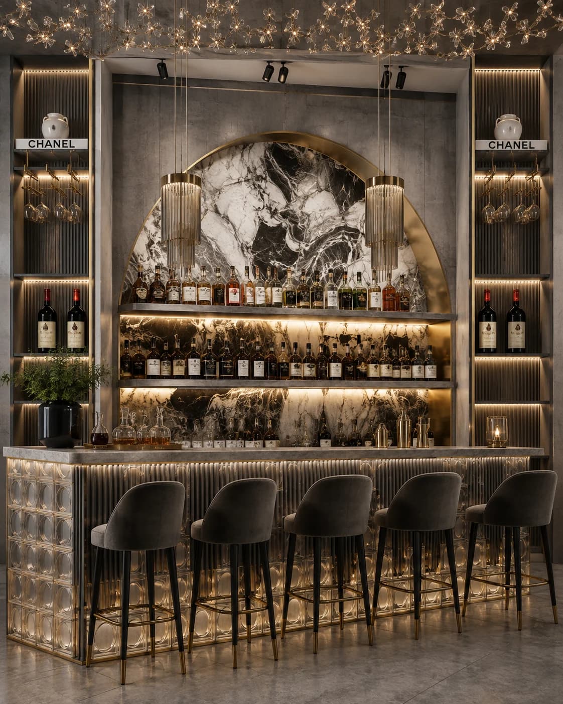 Bar counter in fluted glass beneath a blossom chandelier, lit shelves of bottles behind